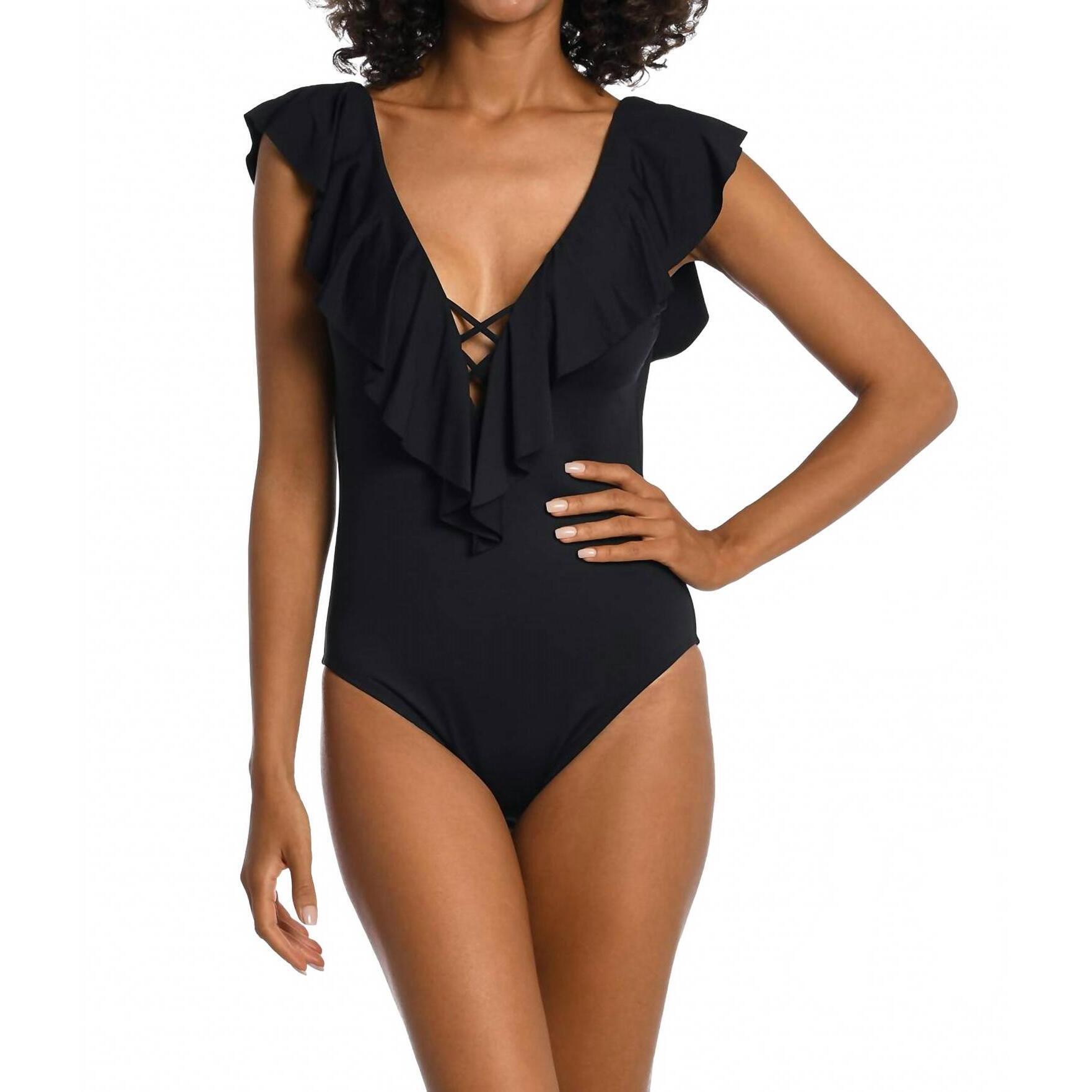 New La Blanca Island Goddess Over The Shoulder Ruffle Plunge One Piece In Black